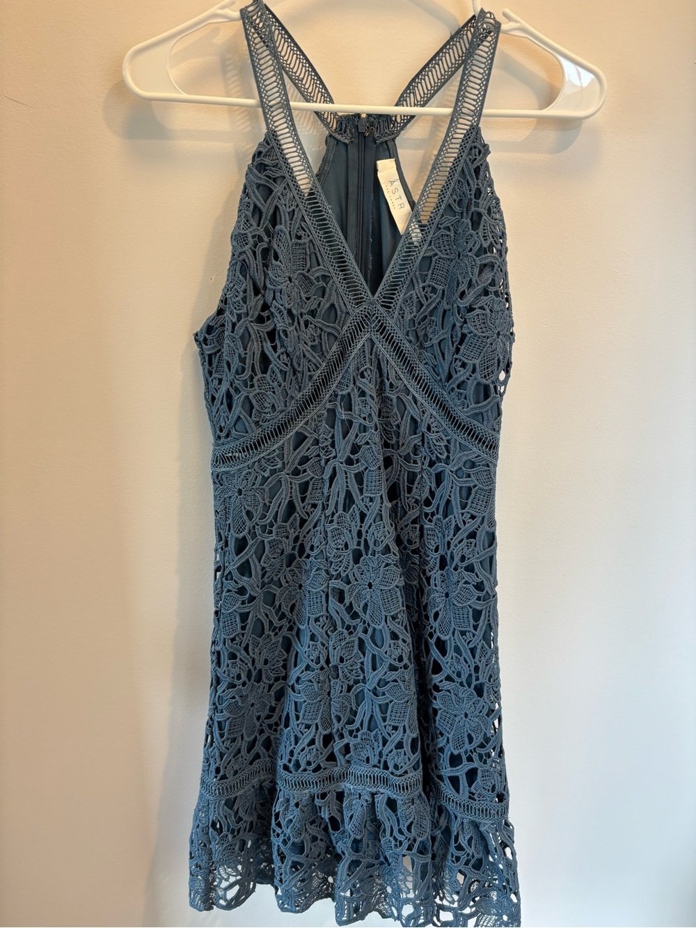 Astr Crochet Lace Mini Dress in Dusty Blue